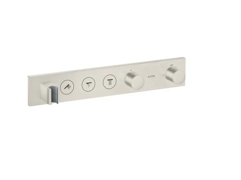 Thermostatmodul von AXOR mit zwei Drehreglern und Symbolen zur Steuerung von drei Verbrauchern in Edelstahl-Optik, montiert auf einer rechteckigen Grundplatte.